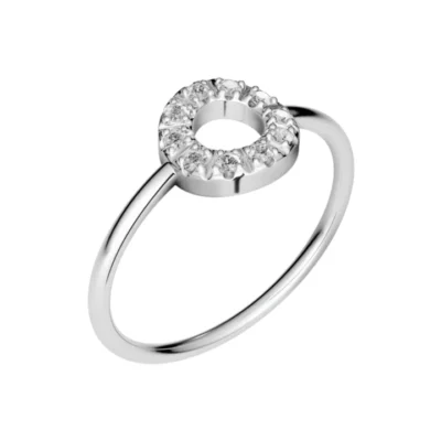 Silver ring with circular diamond head on a white background.