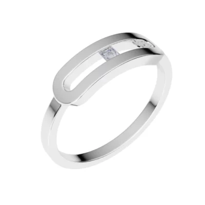 Silver ring with a diamond in the center on a white background.