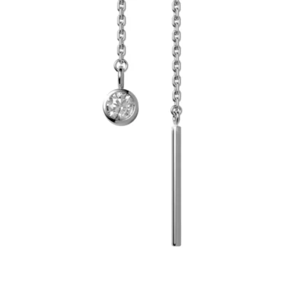 Pretty silver earring with a diamond set bezel at the end of a long adjustable chain. Fine, feminine, elegant, discreet.