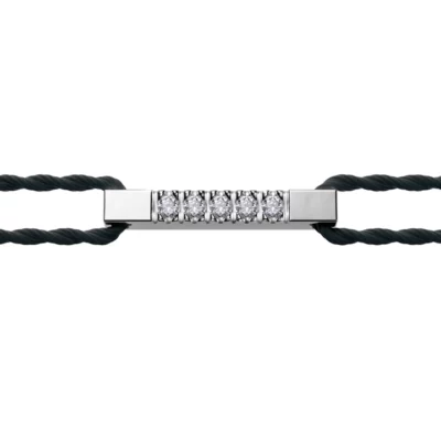 Black bracelet with its silver rectangular head in close-up. She owns diamonds. White background.